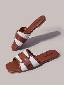 Styleloop Women Shoes Multi-Colored Canvas Splicing Square Toe Flat Bottom Cross Sandals, Simple Casual Style, Suitable For Daily Commuting, Vacation Travel - Brown 4 - View 6