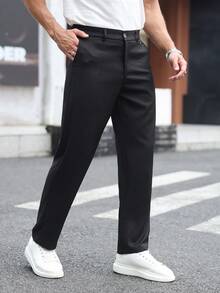 Manfinity Mode Pantalones de traje casual de unicolor con bolsillo para hombres, para uso diario y viajes - Negro - Ver 3