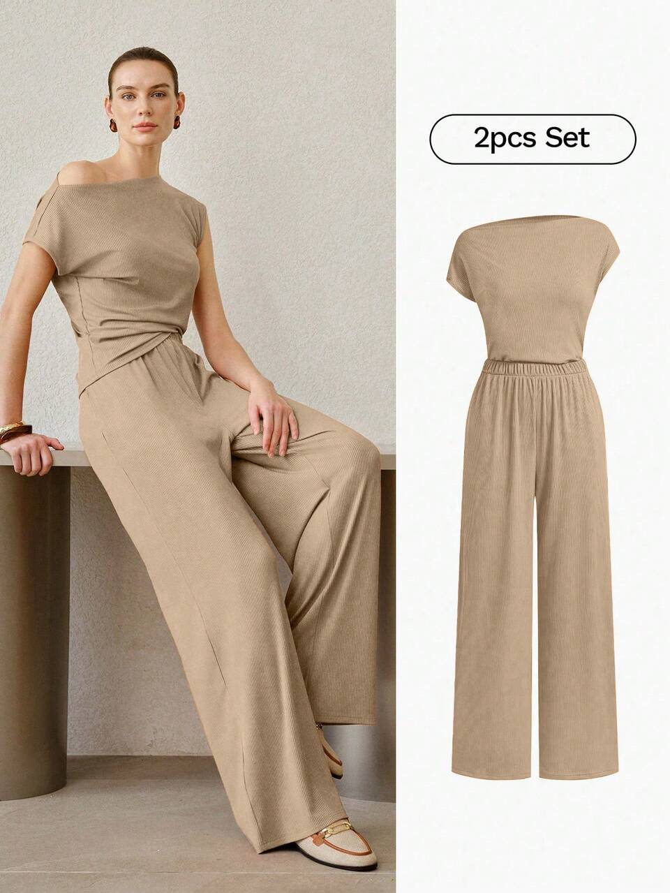 MOTF WOMEN'S CASUAL PLEATED ASYMMETRIC NECKLINE KNIT 2 PIECES SET