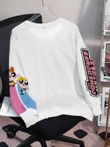 THE POWERPUFF GIRLS X SHEIN 大尺碼女款字母卡通圖案圓領休閒日常長袖運動衫 - 白色 - 查看 2