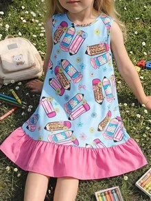 Emery Rose Kids Emery Rose Kids 女童可愛卡通鉛筆圖案印花圓領洋裝 返校季 - 粉色 - 查看 2