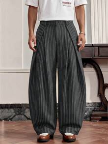 SWAVVY Men's Fashion Commuter Striped Curved Leg Pants - Grey - View 3