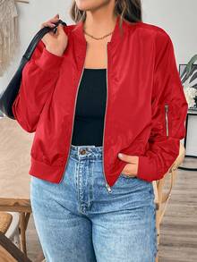 SHEIN Essnce Plus Size Women's Solid Color Long Sleeve Zip-Up Casual Baseball Jacket Fall - Red - View 5