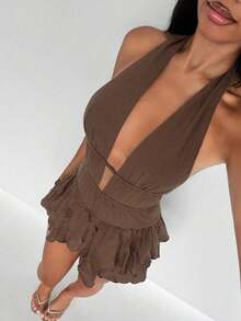 TRNVIE Women's Sexy Tropical Halter Neck Deep V Summer Jumpsuit Party Beach Vacation Night Out Coffee Brown - Khaki - View 5