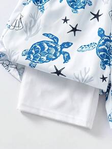 SHEIN 兒童/青少年男孩休閒百搭舒適椰子樹印花拼接寬鬆內裡泳褲沙灘短褲 - 彩色 - 查看 7