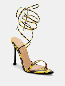 Glitzique 2026 New Sexy Party Lace-Up High Heels For Women, Summer Pointed Toe Stilettos, Elegant Strap Criss-Cross Sandals, Black Yellow Leopard Print Color Block - Black - View 7