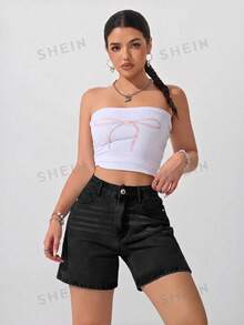SHEIN ICON 女士休闲日常通勤水洗牛仔短裤，夏季 - 黑色 - 查看 3