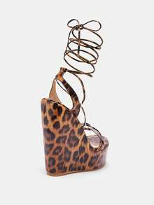 Glitzique Giày sandal đế xuồng cao gót cho nữ, họa tiết da báo, quai phối màu, hở mũi, mũi tròn, gót dày và gót cực cao, thích hợp cho trang phục mùa xuân hè. - Nhiều màu - Xem 6