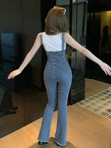 FRIFUL Women's Solid Color Button Skinny Denim Overalls - Blue - View 3