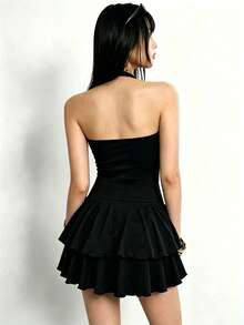 Rina Fox Women's Rhinestone Design Fashion Double Layer Ruffle Hem Halter Neck Dress - Black - View 2