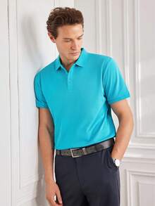 Officeau Men's Summer Lightweight Fabric Polo Shirt Slim Fit Short Sleeve Solid Color Collar Top, Suitable For Daily, Commute, Office, Light Sports - Mint Blue - View 6