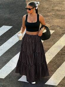 Muchica Coffee Brown Polka Dot Plus Size Women Skirt - Coffee Brown - View 6