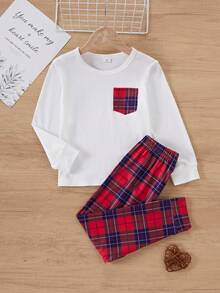 SHEIN Vintaside Kids 2件組男童長袖休閒格紋寬鬆套裝，秋季 - 紅色 - 查看 7