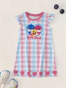 BABY SHARK X SHEIN Young Girl Round Neck Plaid Letter Cartoon Pattern Casual Daily Dress - Pink - View 1