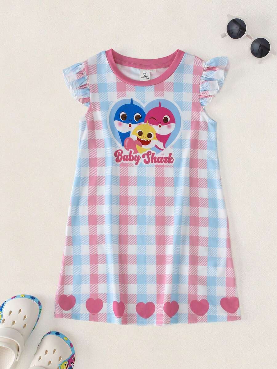 BABY SHARK X SHEIN Young Girl Round Neck Plaid Letter Cartoon Pattern Casual Daily Dress - Pink - View 1