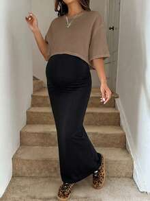 SHEIN Conjunto de 2 piezas de top corto y vestido camisola de unicolor para maternidad - Caqui - Ver 5