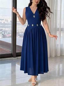 Feyla Women's Elegant Rhinestone Decorated Sleeveless Dress For Summer - Navy Blue - View 7