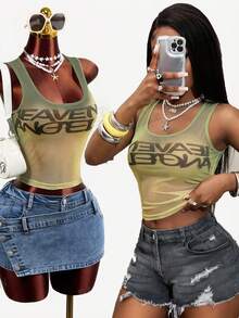 BamGleam Women's Letter Print Slim Fit Versatile Daily Outing Vacation Top Green And Yellow Summer Street Wear 2000s Y2k Night - Yellow - View 3