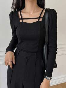 FRIFUL Women's Solid Color Sweetheart Neck Puff Sleeve Fashionable T-Shirt Long Sleeve Top - Black - View 14