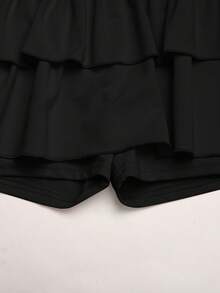 SHEIN 兒童青少年女孩夏季可愛休閒黑色裙組：短袖短版上衣與百褶迷你裙，夏季 - 黑色 - 查看 6