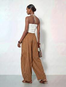 Zivah Women's Summer Brown Striped Boho Vacation Holiday Linen Fabric Loose Harem Lantern Long Pant With Side Pockets,Casual Nomadic Beach Party Outfits - Rust Brown - View 8