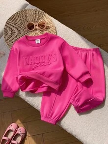 SHEIN 女嬰針織純色圓領休閒衛衣與長褲秋冬兩件套 - 玫紅色 - 查看 5