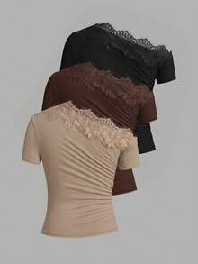 SHEIN Clasi 女款夏季優雅純色蕾絲拼接不對稱領口T恤 - 彩色 - View 2