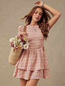 WESTFADE Embroidered Plaid Smocked Short Sleeve Tiered Ruffle Mini Dress, Church Dress, Western, Country, Cowgirl, Rodeo, Fall, Summer, School - Multicolor - View 4