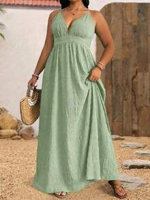 Sunserae Plus Size Women Summer Spaghetti Strap Textured Belt Beach Vacation Dress - Mint Green - View 3