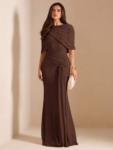SHEIN BAE Autumn Dark Brown Mesh Shawl Evening Gown, High Neck Draped Pleated Tie-Up Fitted Mermaid Long Dress, Elegant Wedding Formal Guest Party Dress - Coffee Brown - View 1