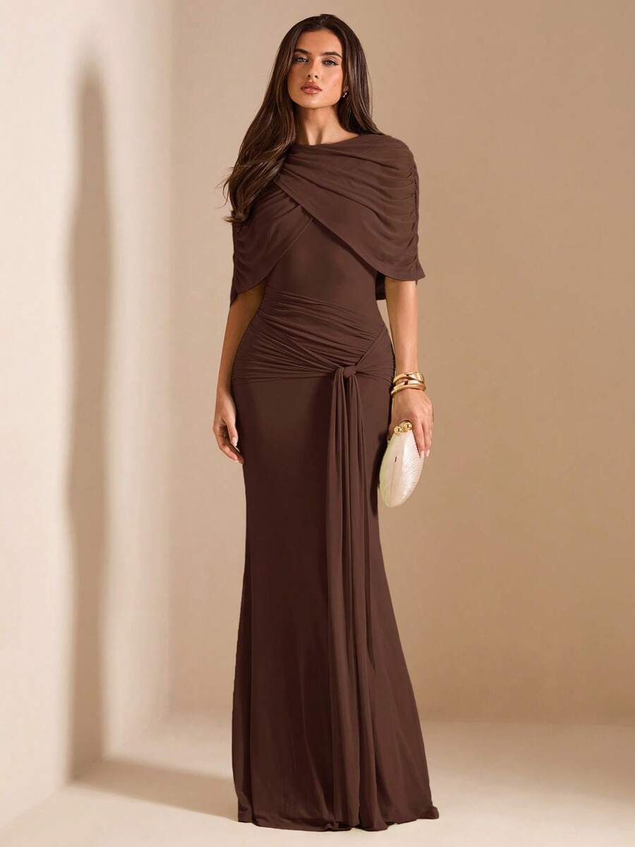 SHEIN BAE Autumn Dark Brown Mesh Shawl Evening Gown, High Neck Draped Pleated Tie-Up Fitted Mermaid Long Dress, Elegant Wedding Formal Guest Party Dress - Coffee Brown - View 1