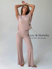 DAZY 女款純色短袖上衣與長褲休閒居家套裝 - 杏色 - 查看 1