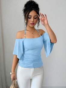 SHEIN Elenzya 女款純色細肩帶背心T恤，掛脖短袖簡約優雅修身抓皺上衣，春夏新款，適合日常通勤、音樂節、晚餐、派對、度假，復古百搭 - 淺藍色 - 查看 6