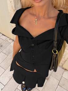 SHEIN 女款純色鈕扣時尚襯衫與百褶裙褲兩件套 - 黑色 - 查看 3