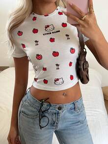 CovetEZ HELLO KITTY AND FRIENDS | SHEIN 休閒簡約圖案圓領短袖修身短版女款T恤 - 白色 - 查看 3