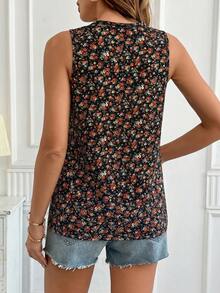 SHEIN Clasi 女款碎花鈕扣設計V領背心 中年風格 - 黑色 - 查看 2