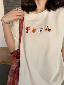 FRIFUL Women's Spring/Summer 100% Cotton Solid Color Short Sleeve Embroidered Printed Loose Casual Versatile T-Shirt - White - View 3