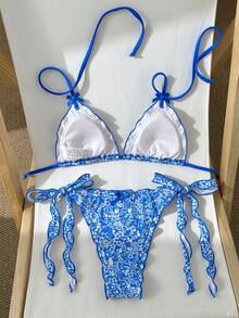 SHEIN Swim 2件組女款開衩比基尼泳衣沙灘裝，適合海灘與泳池派對，夏季性感可愛休閒成熟時尚優雅，白藍花卉圖案 - 藍色 - 查看 2