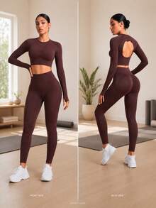 Easithlete Easithlete 高彈性無縫女款露背長袖T恤與緊身褲運動套裝 - 棕色 - 查看 9