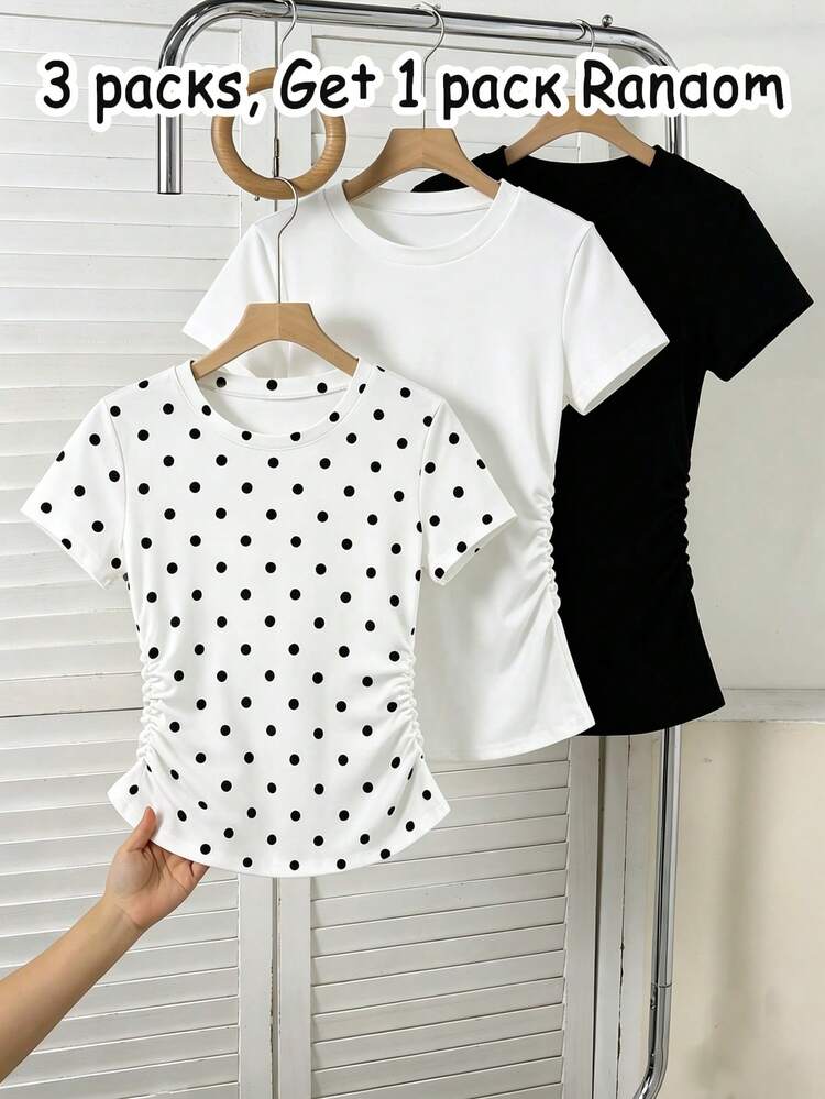 SHEIN Girls' Slim Fit T-Shirt Blind Box 3-In-1 Random Shipment 1pc Black Polka Dot All-Over Print Short Sleeve T-Shirt Simple Casual Daily Basic Versatile Suitable For Spring Summer Autumn Suitable For Outings Street Wear All Season Classic Polka Dot Print Suitable For Girls Women Tight Waist - Multicolor - View 1