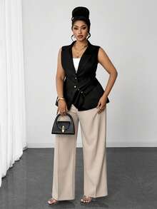 Maweii Gilet blazer casual da donna taglie forti, tinta unita, monopetto, plissettato, da pendolarismo - nero - Visualizzare 4