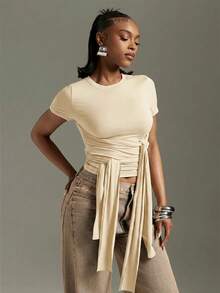 Denimoi Front Drape Tie Detail Top Concert Outfits Fashionable Streetwear It Girl - Apricot - View 5