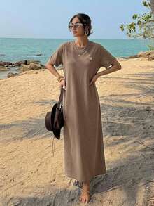 FRIFUL Women Brown Long Embroidered Graphic Print Summer Dress Sundress - Brown - View 17