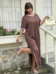 GalTyme Plus Size Pink Color Block Round Neck Side Slit Short Sleeve Dress Vacation Summer Traditional - Brown - View 5