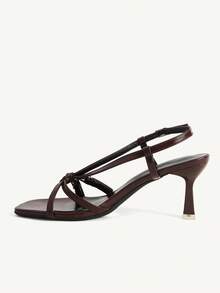 CUCCOO CHICEST French Premium Brown Square Toe Button High Heel Sandals, Commuter Dating Versatile Open Toe Slingback Sandals - Brown - View 5