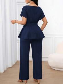 SHEIN Lady 女款純色圓領短袖上衣與長褲休閒兩件套 - 藏蓝色 - 查看 2