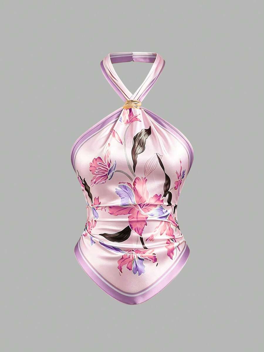 Sweetra 春夏新款法式復古緞面印花細肩帶背心,金屬扣裝飾,不對稱下擺,露背繫帶黃色女款上衣 - 粉色 - 查看 1