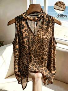 SHEIN Franclia Women's Vintage Leopard Print Ribbon Sleeveless Blouse, Elegant Commuter Slimming Chiffon Shirt - Brown - View 6