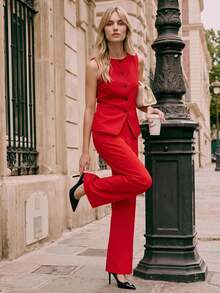 BizChic Women's Sleeveless Blazer Jacket, Suitable For Urban Commute, Business Casual, And Formal Occasions, Autumn/Winter - Red - View 2