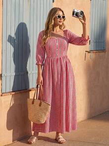 Vivid Eden Plus Size Vacation Casual Plaid Dress - Red - View 4